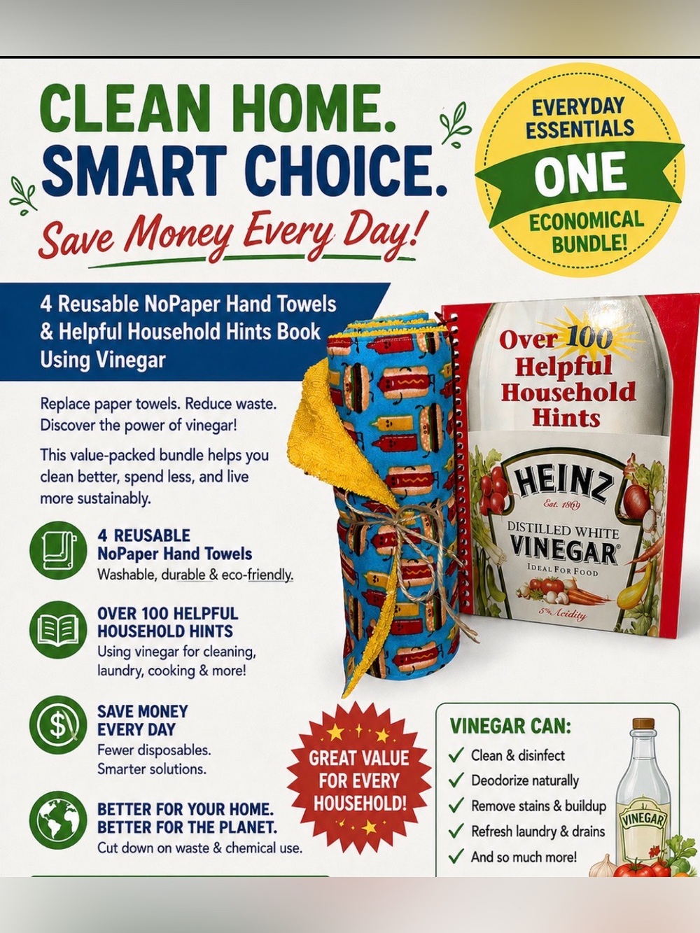 Reusable NoPaper Hand Towels with Heinz Distilled Vinegar Household Hints Book